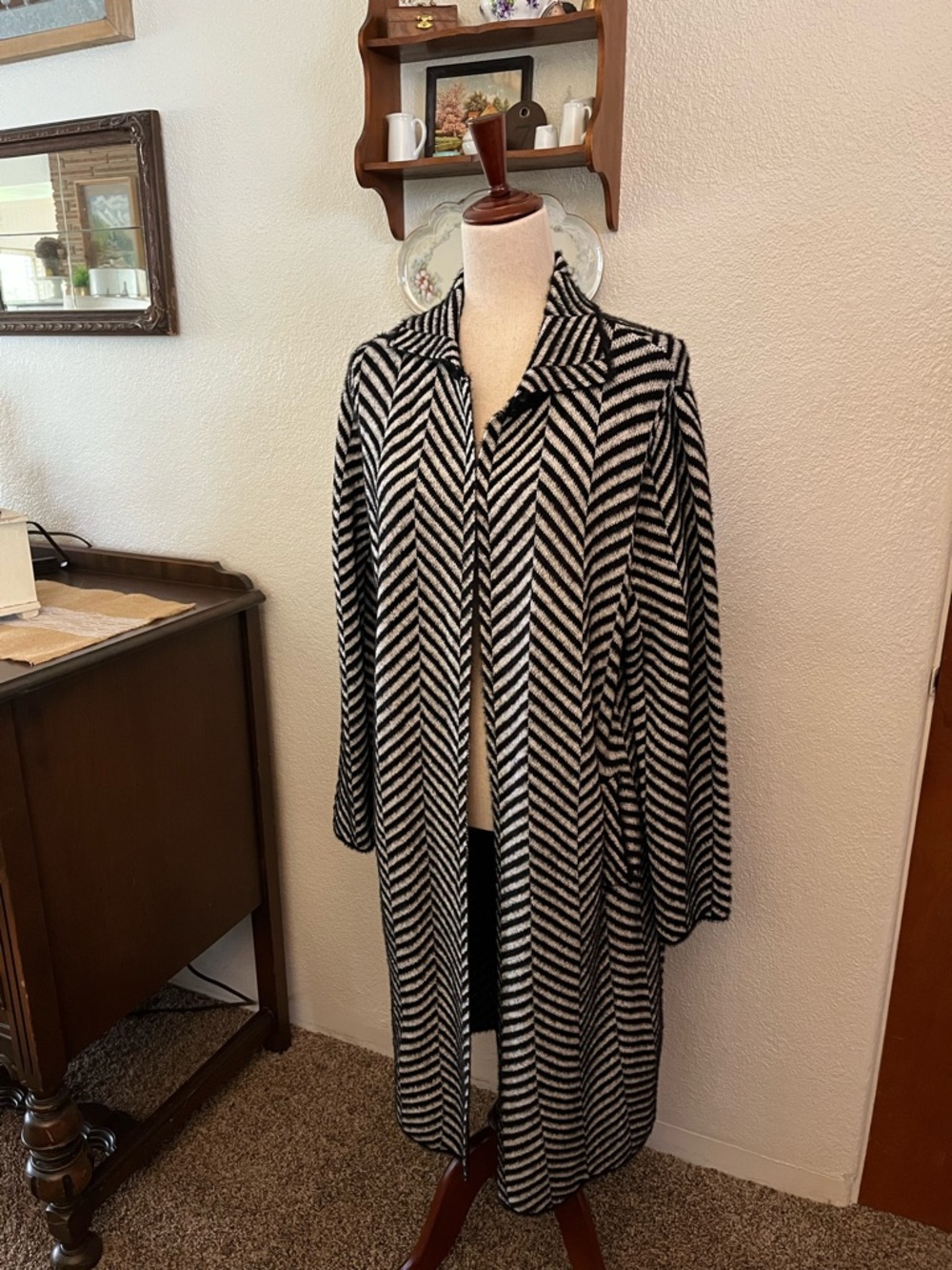Magaschoni Black and White Chevron Knit Cardigan